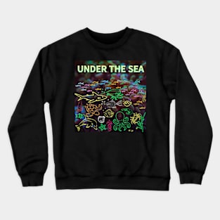 under the sea,blue sea,sea creatures,Turtle, puffer fish, starfish, shrimp, shark, tropical fish, sea horse, seaweed, sardines, squid, crabs, clams Crewneck Sweatshirt